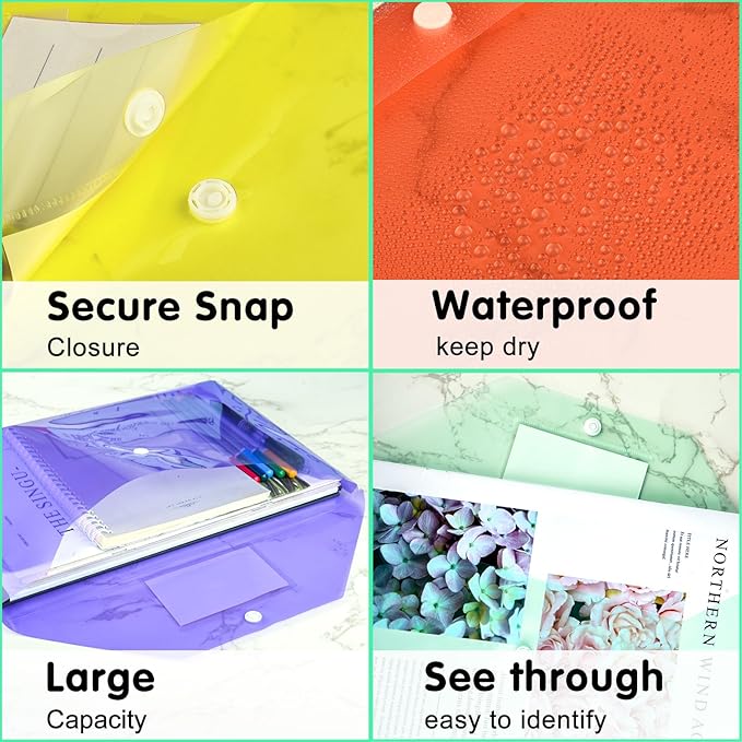 NACHLYNN 108 Pack Plastic Envelopes Plastic Folders with Snap Closure, 6 Colors A4 Size Clear File Envelopes with Label Documents Folders Organizers for Home Work Office Organization