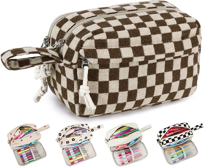 Bluboon Big Capacity Pencil Case Pencil Pouch Pen Case School Supplies Cute Pencil Box Pencil Bag for Teen Girls Boys Women Man (Khaki Brown Checked)