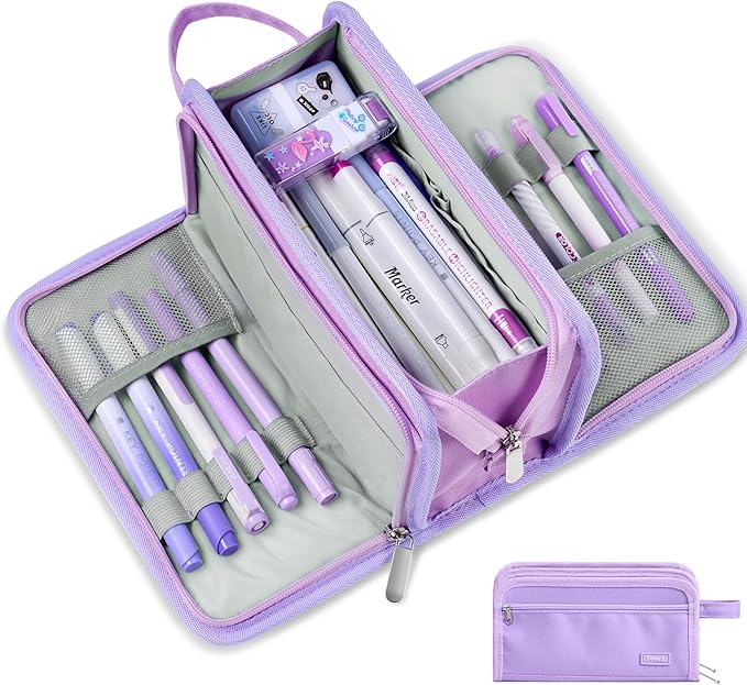 Sooez Large Pencil Case, Big Capacity Pencil Pouch Pen Bag with 3 Compartment, Portable Canvas Stationery Organizer with Zipper, Cute Aesthetic School Supplies for Teen Girls College, Pure Purple