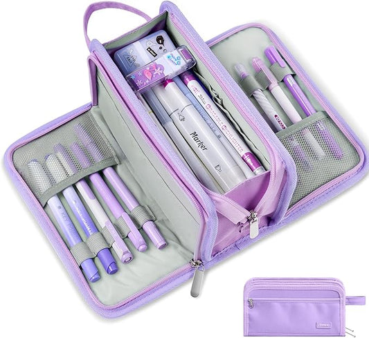 Sooez Large Pencil Case, Big Capacity Pencil Pouch Pen Bag with 3 Compartment, Portable Canvas Stationery Organizer with Zipper, Cute Aesthetic School Supplies for Teen Girls College, Pure Purple