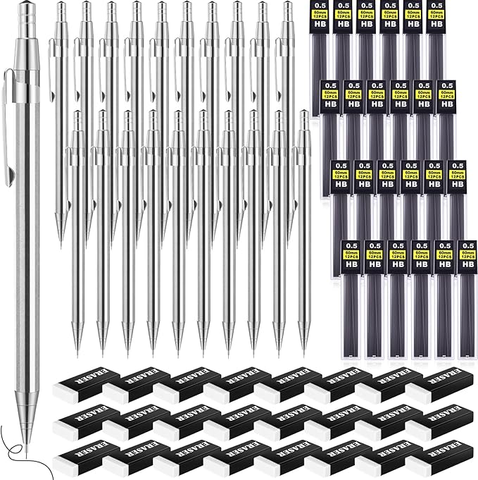 72 Pcs Operation Christmas Items 0.5mm Mechanical Pencils Bulk Set Include Metal Mechanical Pencil HB Lead Refills Erasers for Art Office Classroom Student Writing Drawing(Silver)