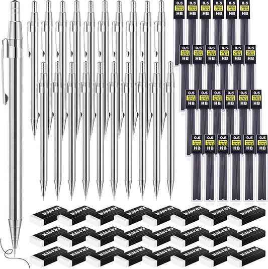 72 Pcs Operation Christmas Items 0.5mm Mechanical Pencils Bulk Set Include Metal Mechanical Pencil HB Lead Refills Erasers for Art Office Classroom Student Writing Drawing(Silver)