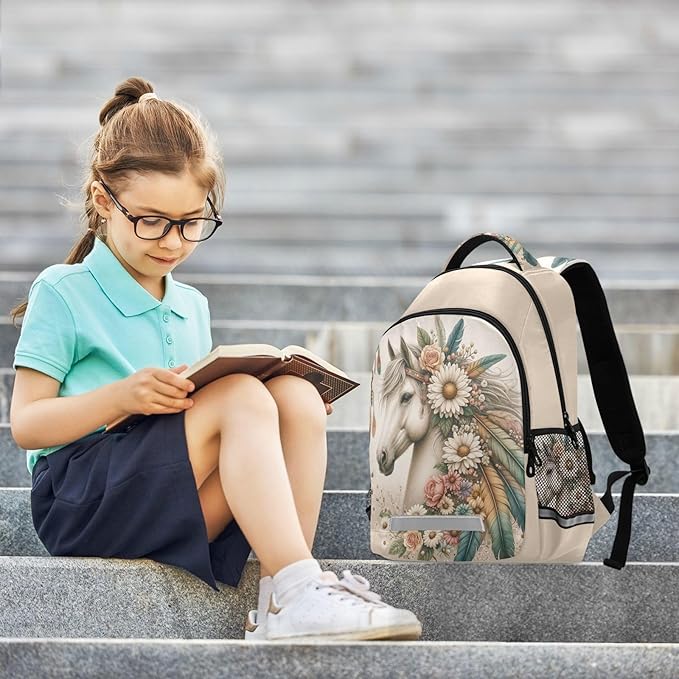 Horse Backpack for Students Boys Girls Horse Flowers Feathers School Bag Travel Daypack Rucksack