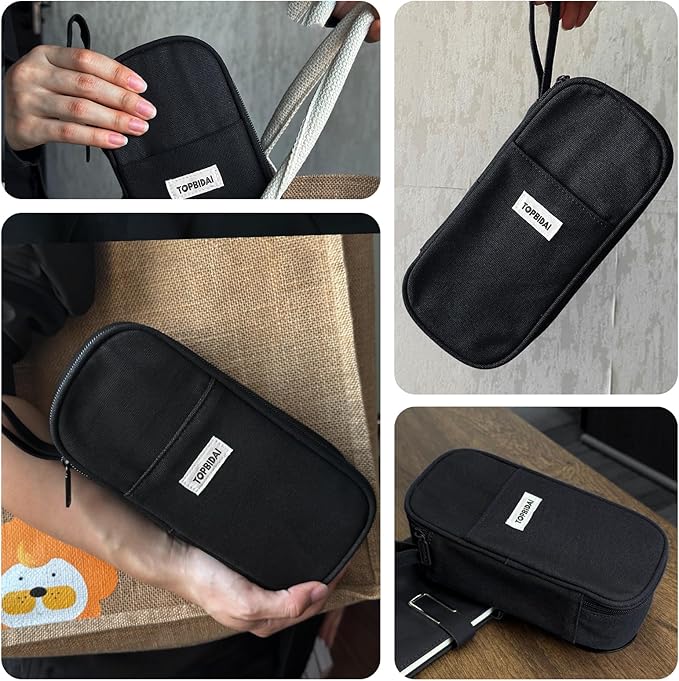 Large Pencil Case Pouch for Boy Men Kids Adults, Big Capacity Canvas Pencil Bag, Office College School Multi Compartment Zipper Stationery Pen Bag (Black)