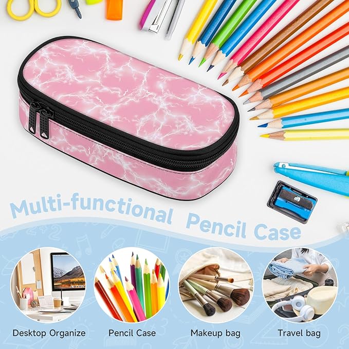 Lightning Large Pencil Case Big Capacity Pink Pencil Pouch for Girls Boys Teen Women Men Adult, Portable Kids Pencil Bag with Zipper, Stationery Storage Pen Bag for School Supplies Office Organizer