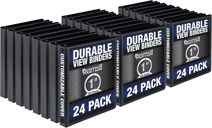 Samsill Durable 1 Inch Binder, Made in the USA, Round Ring Customizable Clear View Binder, Black, 24 Pack (MP248430)