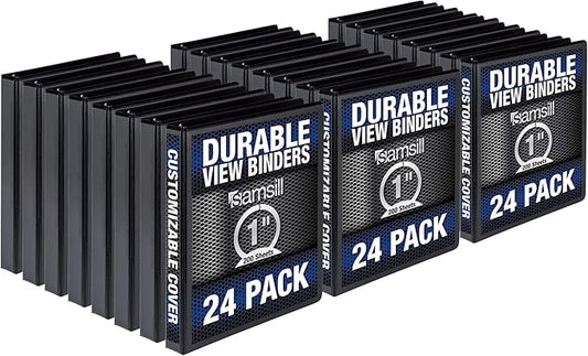 Samsill Durable 1 Inch Binder, Made in the USA, Round Ring Customizable Clear View Binder, Black, 24 Pack (MP248430)