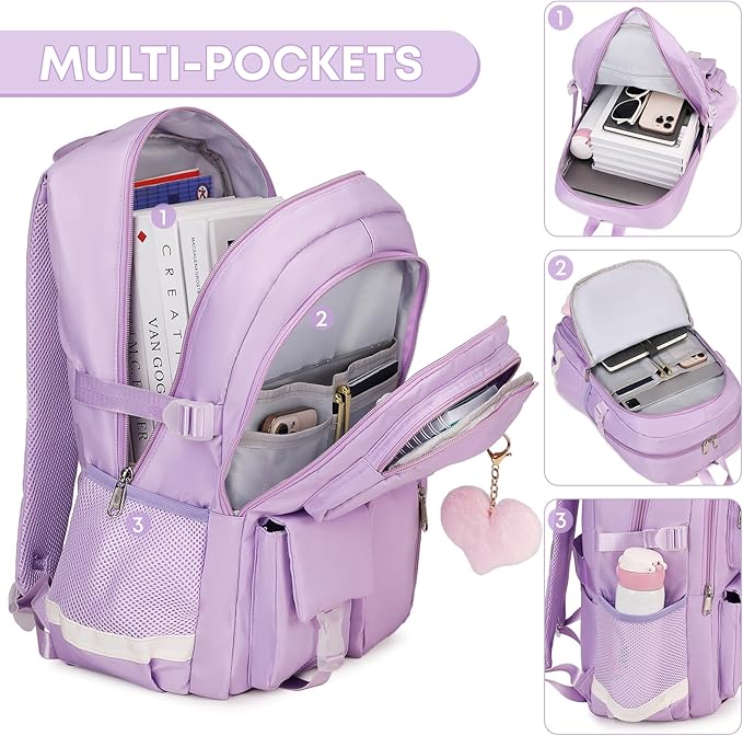 3PCS Backpack For School Women College Middle High Teen Girls Student Bookbag Waterproof Laptop Bag Purple
