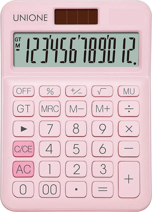 UNIONE Pink Calculator with a Bright LCD, Dual Power Handheld Desktop. Business, Office, High School