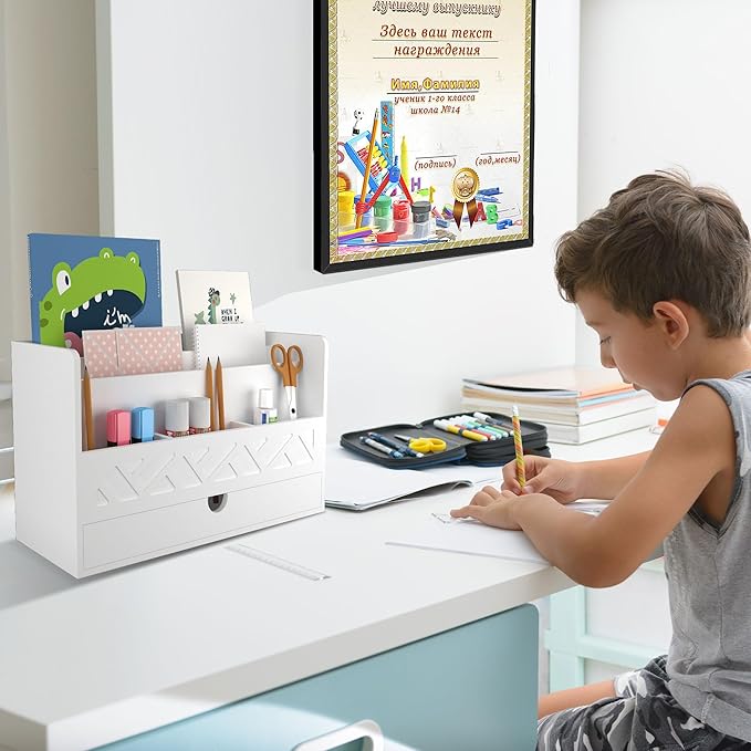 Wisuce Bamboo Mail Organizer Countertop Desktop with Drawer - Desk Organizer with File Organizer for Office Supplies All-in-One Desk File Organizer with Pencil Holder for Paper Letter Envelope Bill