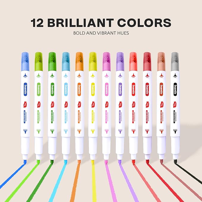 Dry Erase Markers for Whiteboard – Ultra Fine Tip White Board Markers – Dual Tip, Pastel Colors - Fine Point Erasable Markers - 12 Set