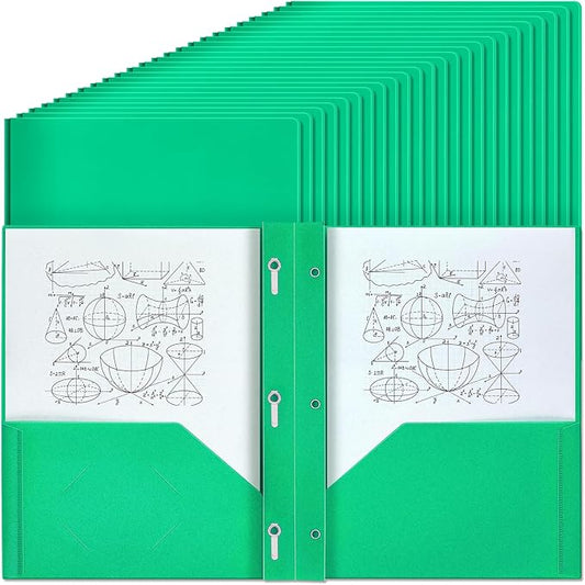 Lincia 100 Pcs Plastic Folders with Pockets and Prong Folders with Prongs 2 Pockets for Office, School for Students, Teachers, Office Workers(Green)