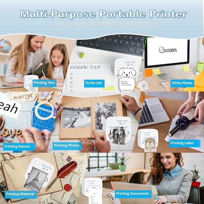 Mini Sticker Printer, Portable Thermal Inkless Sticker Maker with 8 Rolls Coloed Paper & 12 Pens, Wireless Thermarote Printers for Travel, Photos,Study Notes, Scrapbook, Journal, Memo (Blue)