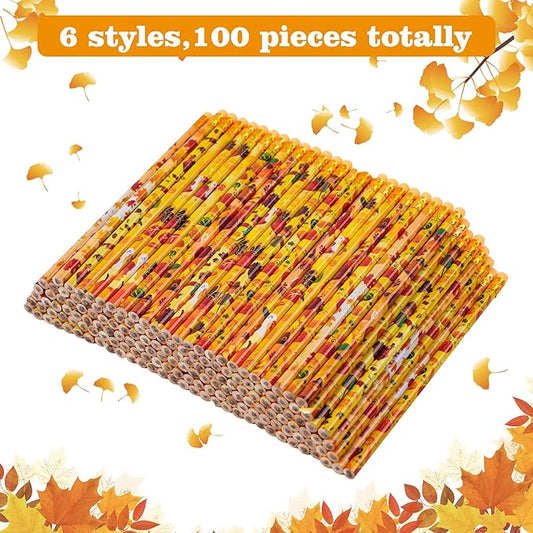 Kolewo4ever 100 Pieces Fall Pencils Thanksgiving Party Pencils Assortment Cylinder Wood Pencil Maple Leaf Autumn Turkey Pencil For Thanksgiving Pumpkin Autumn Gift,6 Styles