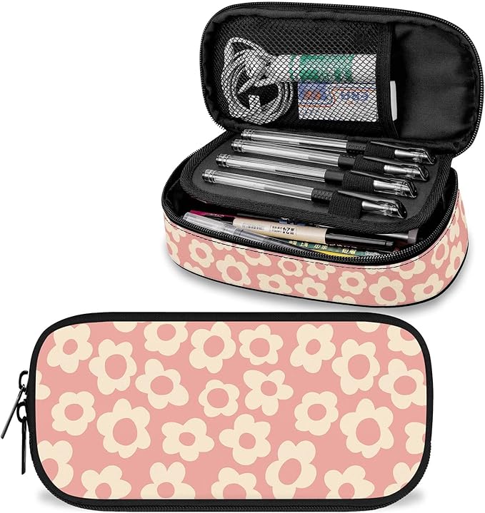 Pink Groovy Flowers Large Pencil Pouch Big Capacity Cute Pencil Case for Girls Boys Teen Women Men Adult, Portable Kids Pencil Bag with Zipper, Stationery Storage Pen Bag for School Office Organizer
