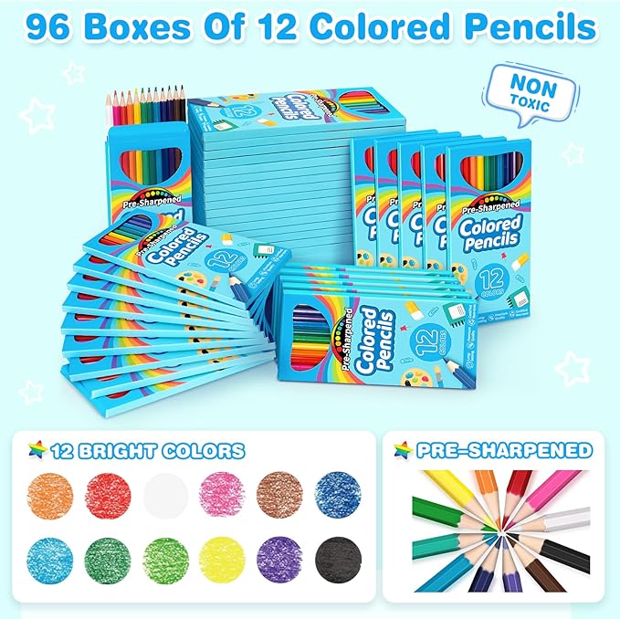 1152 Count Colored Pencils Bulk, 96 Pack Colored Pencils for Kids, Pre-sharpened Coloring Pencils in 12 Vibrant Colors, Bulk School Supplies for Teachers, Classroom Prizes, Drawing Art Supplies
