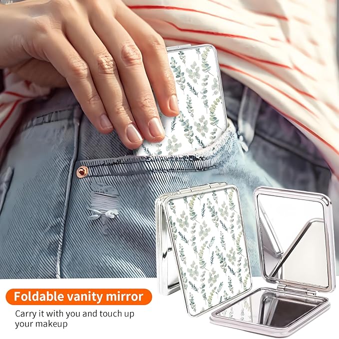 Compact Pocket Mirror, Cute Travel Mini Mirror with Magnification, Foldable Double-Sided Portable Cosmetic Mirror for Men, Women Green Leaf
