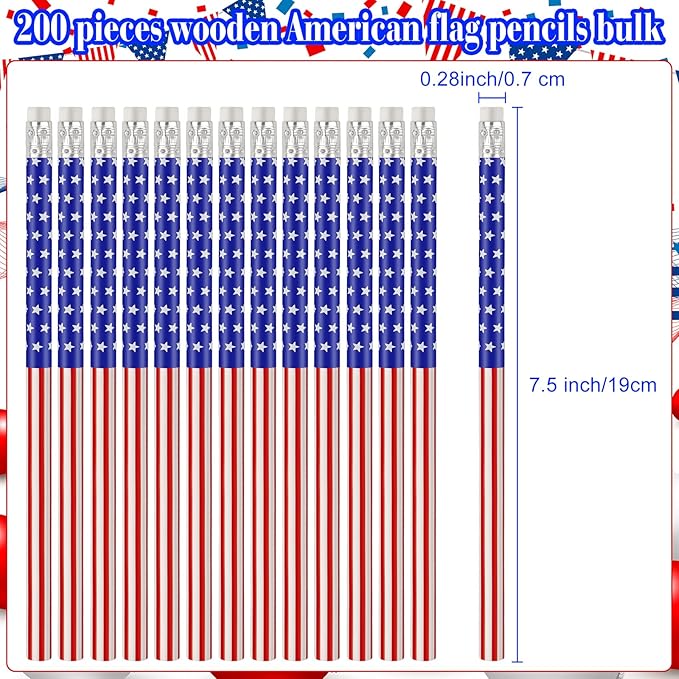 Zuazaor 200 Piece Student Cute Wooden Pencils in Bulk American Flag Pencils with Eraser Wood Graphite Pencil for Kids Girls Boys (American Independence Day)