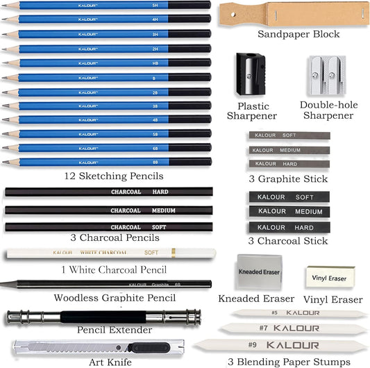 KALOUR 34 Sketching Pencil Set with Sketchbook - Zippered Travel Case - Sketch,Charcoal,Eraser - Art Drawing Supplies for Beginner, Kids,Adults