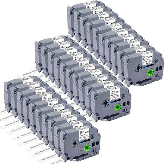 30-Pack Compatible with Brother P Touch Label Tape TZe-231 TZe231 TZc-231, Black on White, 12mm (0.47 Inch) x 8m (26.2 Feet)