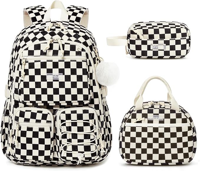 Fimibuke School Backpack for Girls Boys - 3PCS Corduroy Kids Backpack Set with Lunch Box & Pencil Pouch, Lightweight Teen Girls School Bag Laptop Bag Travel Daypack for Elementary Middle High School