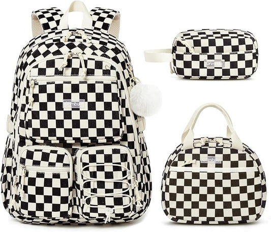 Fimibuke School Backpack for Girls Boys - 3PCS Corduroy Kids Backpack Set with Lunch Box & Pencil Pouch, Lightweight Teen Girls School Bag Laptop Bag Travel Daypack for Elementary Middle High School