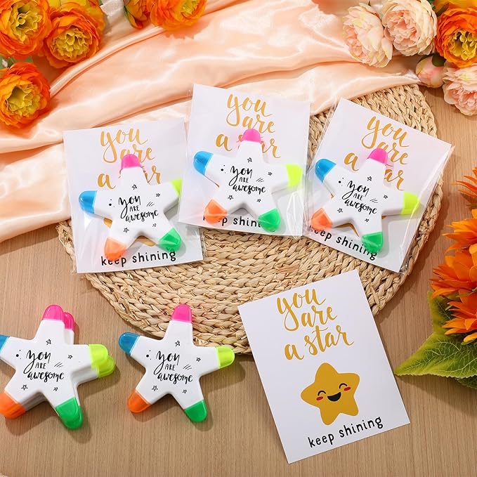 24 Sets Back to School Gifts for Students Star Highlighters with You're a Star Cards Gift Bags 5 in 1 Fluorescent Pens Affirmation Gifts for First Day of School Party Favor (Awesome)