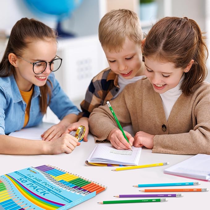 V-Opitos #2 Pre-Sharpened Wood-Cased Pencils, 50 Pack with Top Erasers, Bulk 2HB Pencils in Assorted Colors for School, Writing, Drawing and Sketching