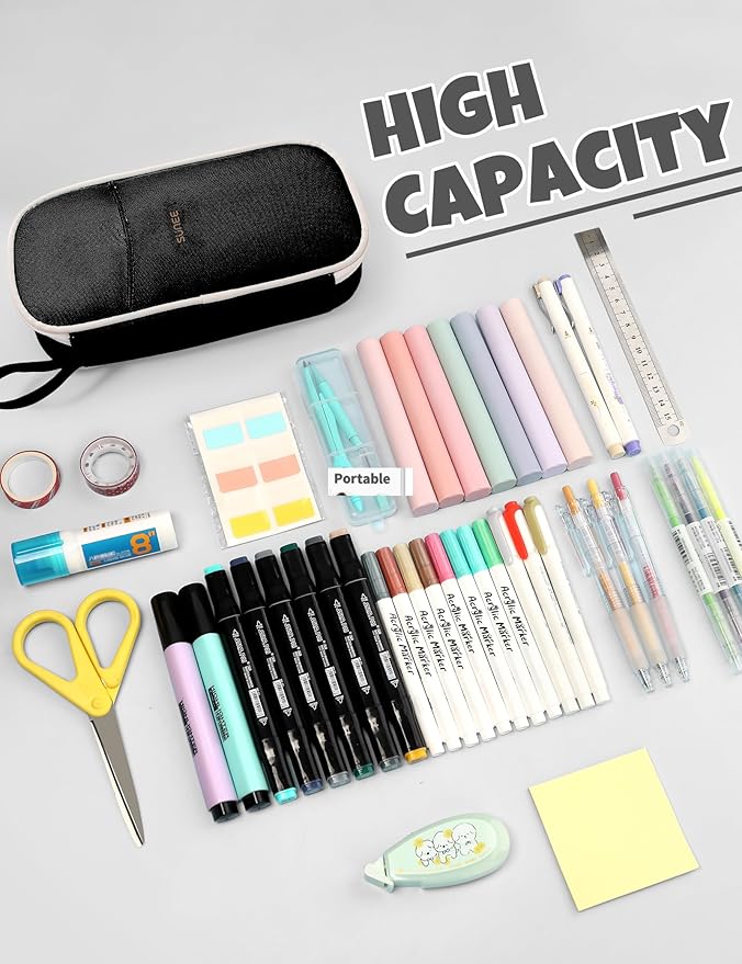 SUNEE Large Pencil Case, Cute Pen Pouch, Aesthetic Zipper Stationery Bag Large Capacity Kawaii Pen Organizer, Black, Bag Organiser