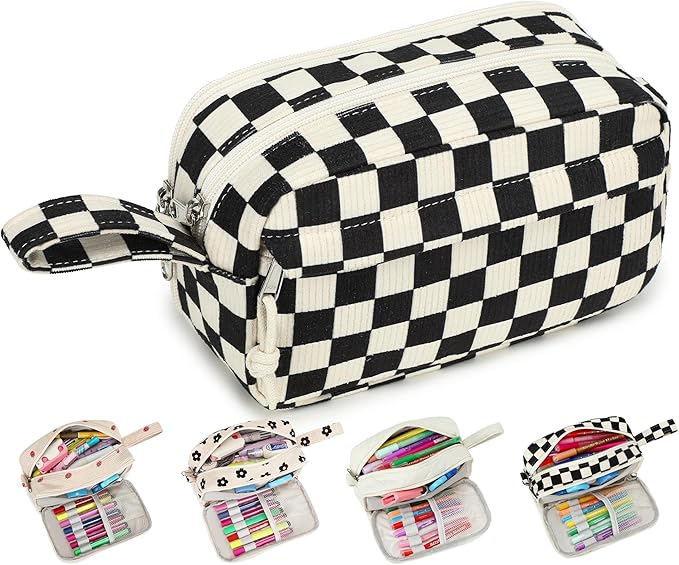 Bluboon Big Capacity Pencil Case Pouch Pen Case School Supplies - Cute Pencil Box Bag for Teen Girls Boys Women Man (Black White Checked)