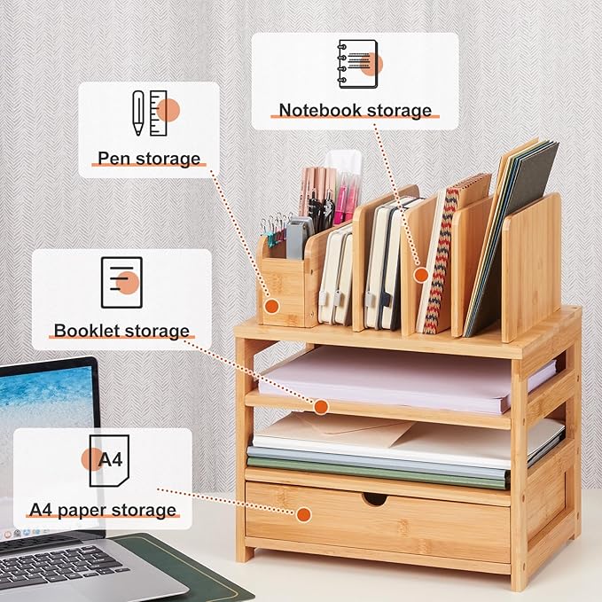 Homde Bamboo Desk Organizer with Drawer and File Holder, Office Organization for Desks with Adjustable Pen Holding, Desktop Letter Paper Tray Storage for Workplace Home School (Natural, L)