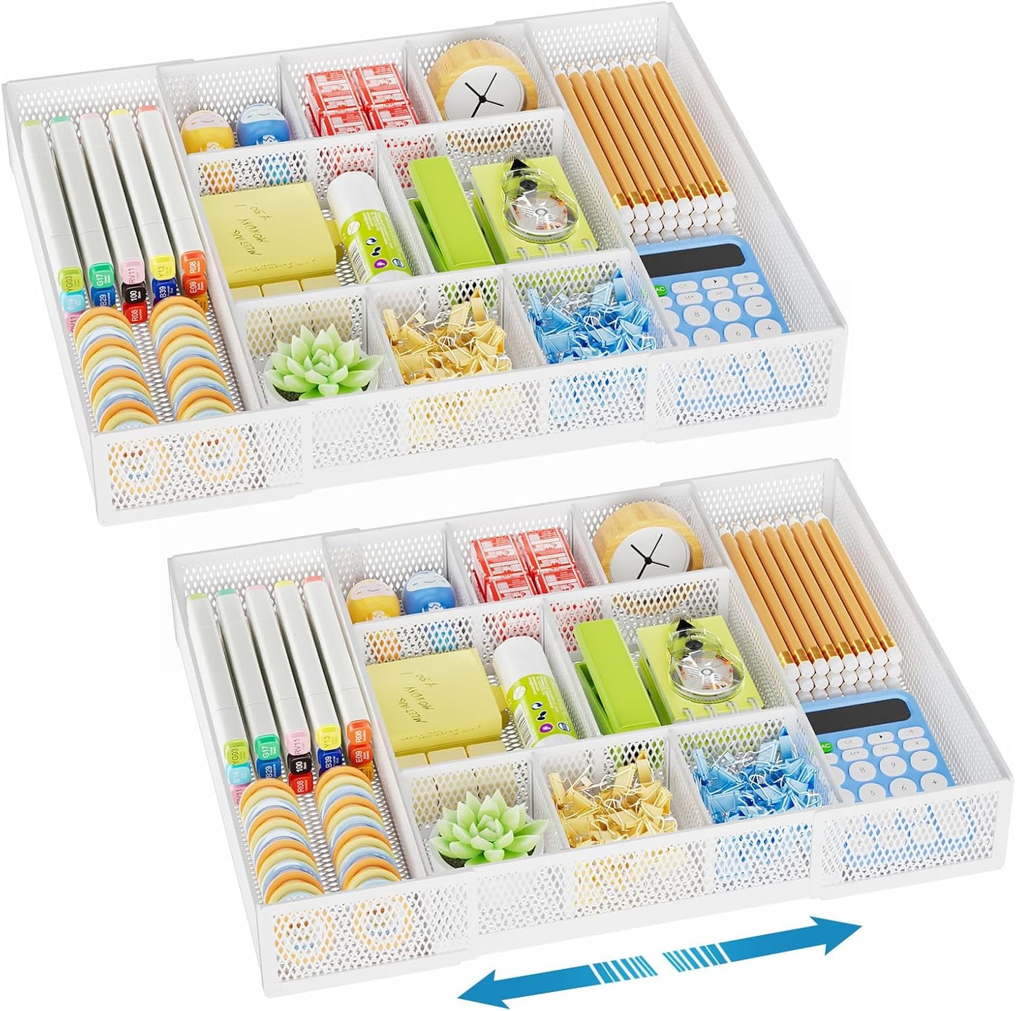 Marbrasse Expandable Desk Drawer Organizer, Mesh Drawer Organizer Tray with 10 Adjustable Compartments, Desk Organizers and Accessories for Office Supplies, Makeup & Vanity (Expandable White-2 pack)