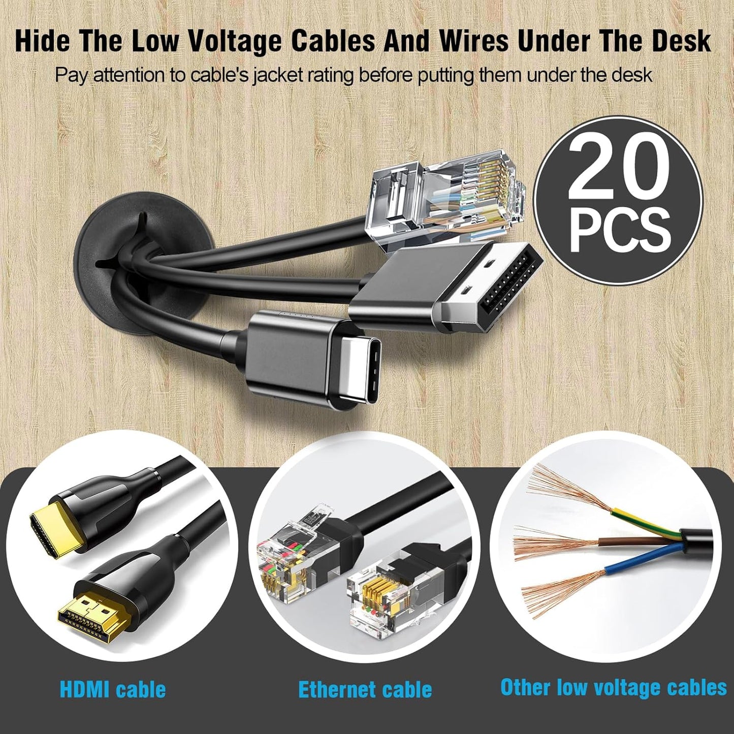 1" Black Desk Grommet, JTemgle Flexible Cable Grommet Cross Rubber Cable Hole Cover Wire Organizer Caps Desktop Cord Management for Home Office TV Stands Tabletops, 20 Pieces