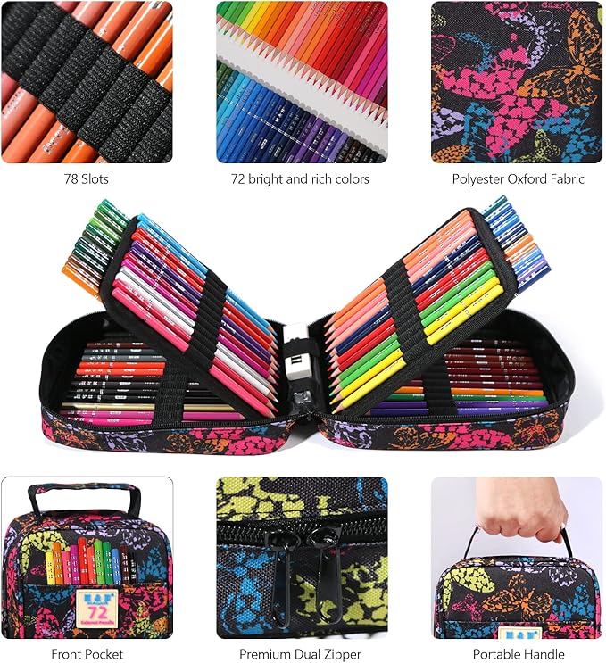 H & B 72-Color Colored Pencils Set with Coloring Book, Eraser, and Sharpener - Perfect for Drawing and Coloring - Soft Oil-Based Cores Ideal for Adults and Beginners