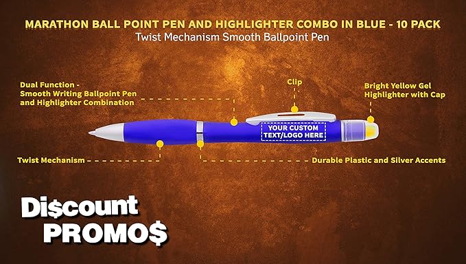DISCOUNT PROMOS 10 Marathon Gel Highlighter Pens Pack - Customizable Text, Logo - Twist Mechanism, Ballpoint - Blue