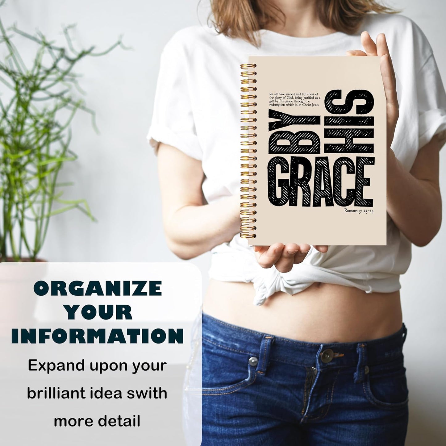 BearCake Christian Notebook Journal, Christian Gifts for Women, By His Grace Scripture Prayer Journal for Women, Bible Journaling Neutral Hardcover Spiral Notebook 5.5x8.3