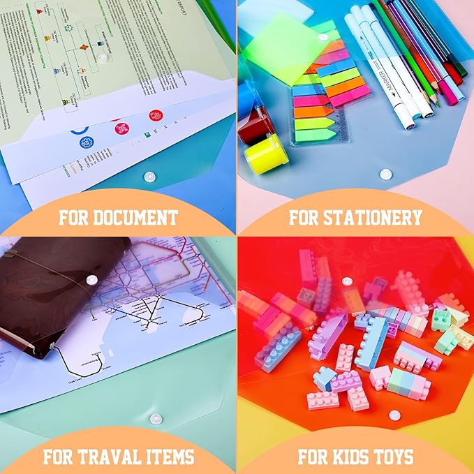 LEOBRO File Folders, 24 PCS Plastic Folders for Documents, A4 Plastic Envelopes with Snap Closure, Letter Size Clear Envelopes Folders, Reusable File Bags, Document Holder