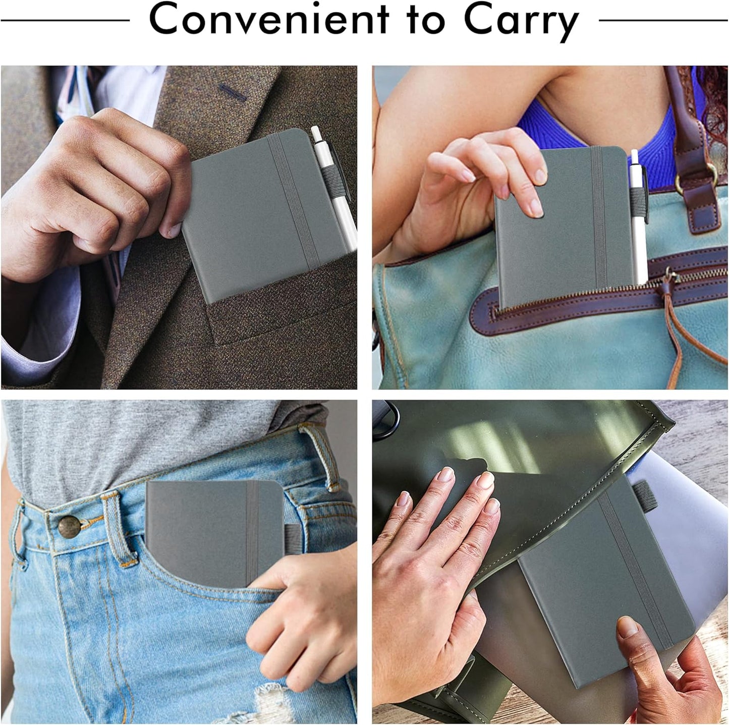 feela 3 Pack Pocket Notebook Journals with 3 Black Pens, A6 Mini Cute Small Journal Notebook Bulk Hardcover College Ruled Notepad with Pen Holder for Office School Supplies, 3.5”x 5.5”, Gray