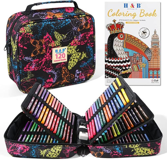 H & B 120-Color Colored Pencils Set with Coloring Book, Eraser, and Sharpener - Perfect for Drawing and Coloring - Soft Oil-Based Cores Ideal for Adults, Kids, and Beginners
