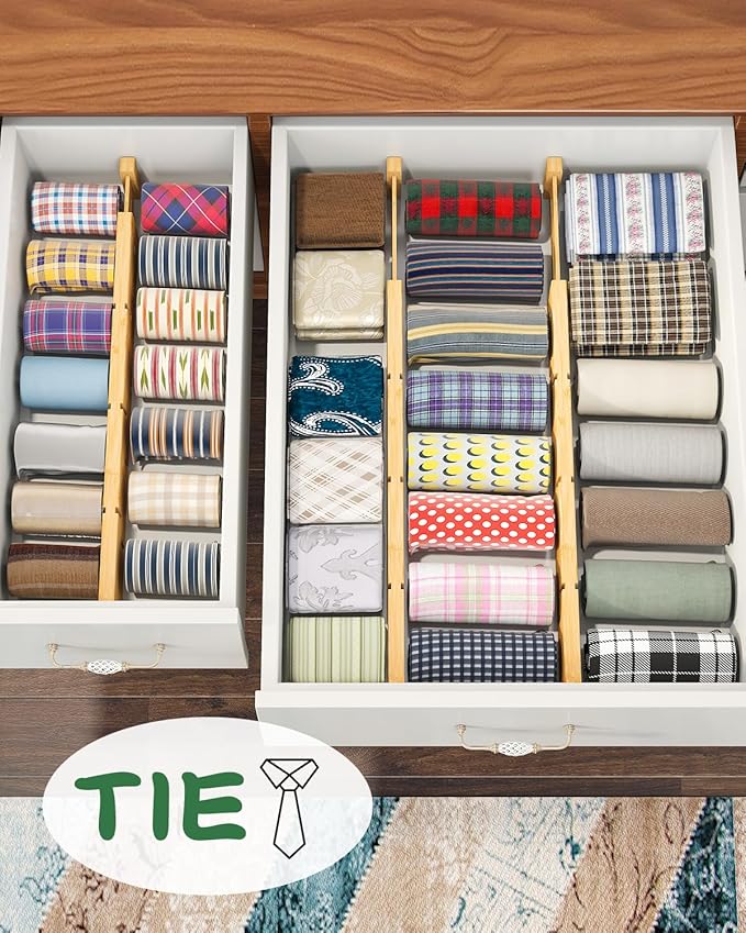 Bamboo Drawer Dividers - Adjustable Drawer Dividers for Clothes, Kitchen, Closet & Office - 8 Pack with Inserts, 18-22.6 Inches, Non-Slip Silicone Ends