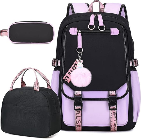 Bevalsa Backpack with Lunch Bag Bookbag Set for Girls Kids Middle High School College Student 21L Casual Daypack Children Schoolbag Bookbag with USB Charging Port (Purple)