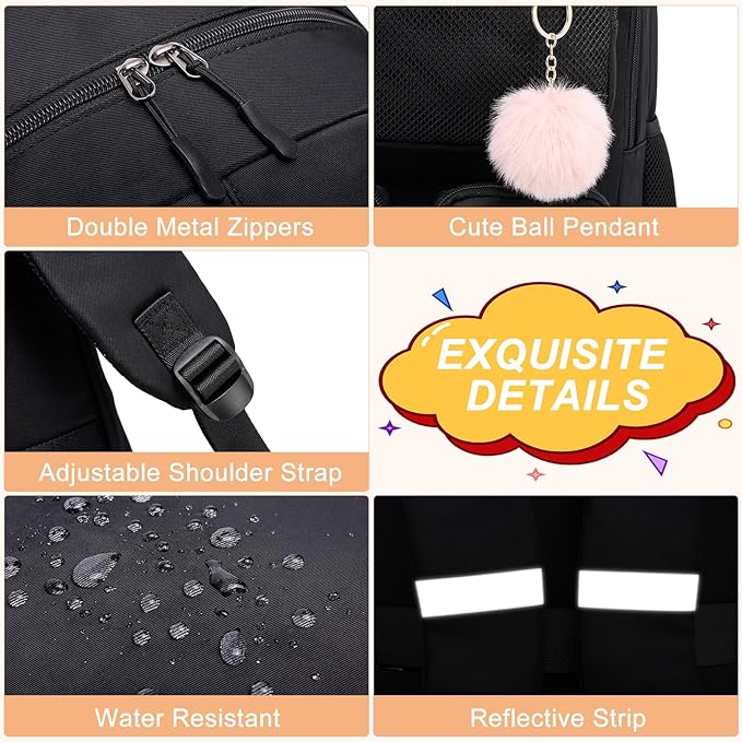 School Backpack for Teen Girls, Cute College Back Pack for Women, Kids Backpack for Girls, Middle Students School BookBag, 15.6 Inch Laptop Bag Travel Back Pack, Black
