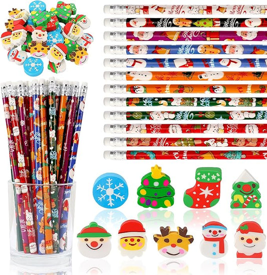 JULMELON 72PCS Christmas Party Favors Set, 36PCS Christmas Pencils with 36PCS Snowman Snowflake Santa Erasers, Pencils for Kids School Classroom Winter Holiday Party Reward Supplies
