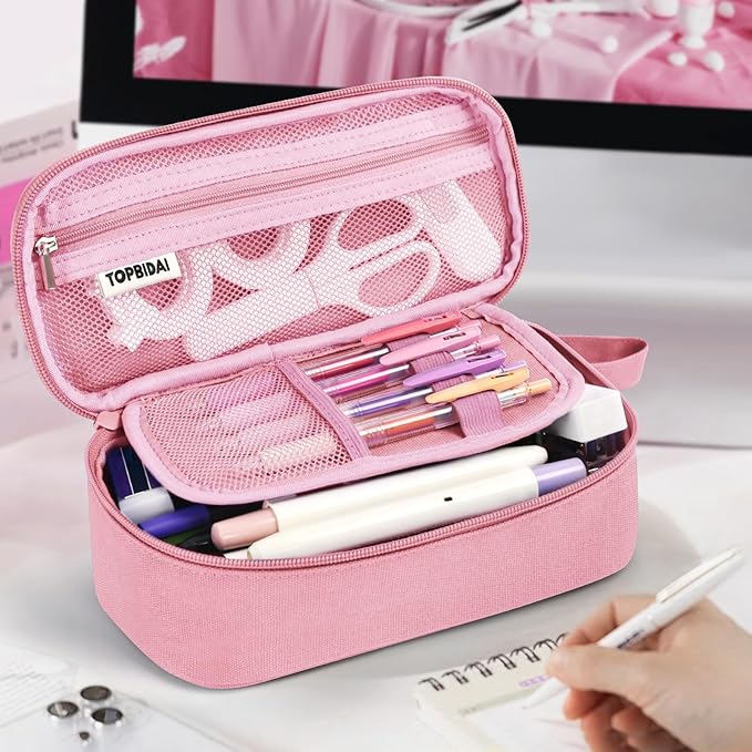 Large Pencil Case Pouch for Girls Women Kids Adults, Big Capacity Canvas Pencil Bag, Office College School Multi Compartment Zipper Stationery Pen Bag (Pink)