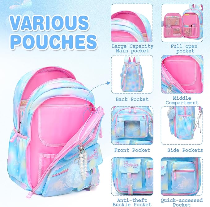 Sweet Girls Backpack - Stylish Splash-resistant School Bag with Multiple Pockets & Trendy Laptop Compartment（17inch Set Blue）