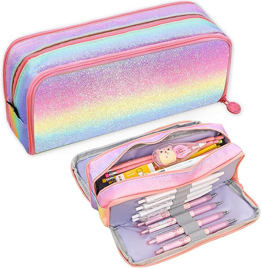 Glitter Rainbow Pencil Case for Girls, Large Capacity Pencil Pouch Pen Bag Organizer with 3 Compartments for Kids Students School Office Supplies Back to School Gifts