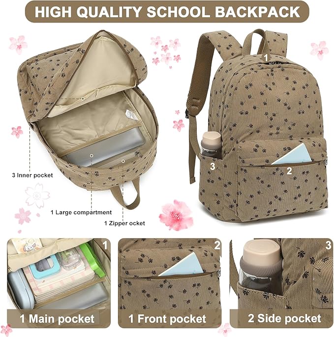 School Backpack for Teens Large Corduroy Bookbag Lightweight 15.6 inch Laptop Bag for Girls Women Casual High School College