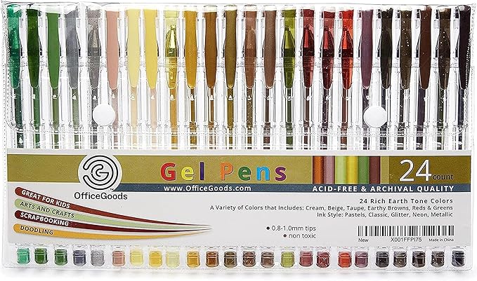 OfficeGoods Brown Earth Gel Pens with Refills – Adult Coloring Journaling Art – Medium 0.8-1.0mm Tips – Non-Toxic Gel Pens Set – Quick Dry Smudge-Free 24 Pack Colors