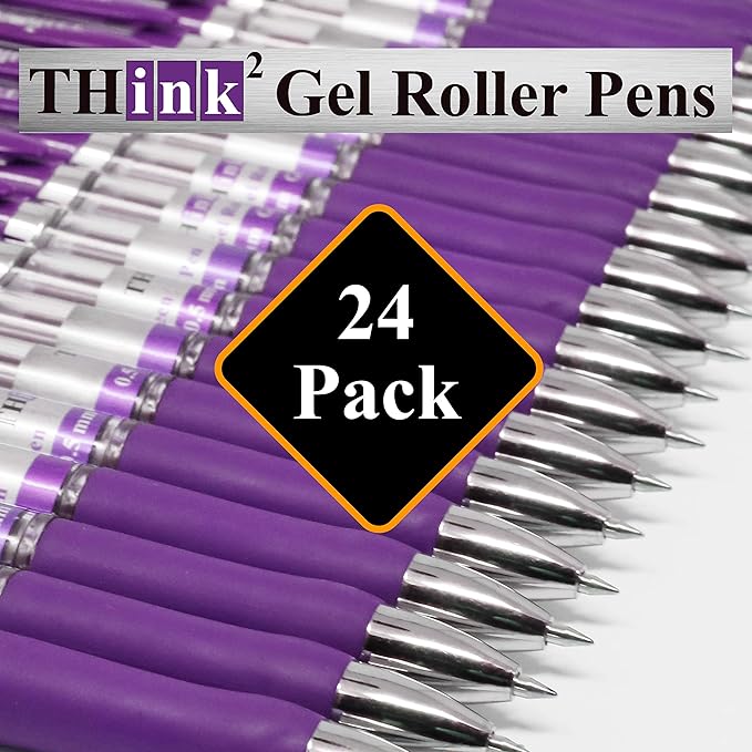 THINK2MASTER [24 Pens - Purple Ink] Think2 Retractable Gel Pens. (24 Purple) Fine Point (0.5mm) Rollerball Pens with Comfort Grip.