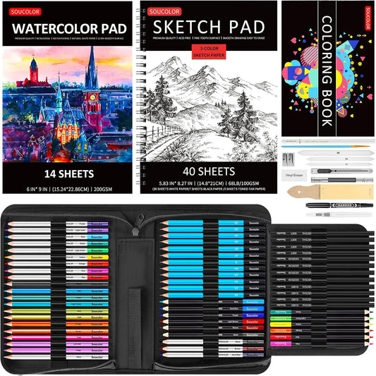 Soucolor 76 Pack Drawing Set Sketching Pencils Kit with 3-Color Sketch Book, Watercolor Pad, Coloring Book, Colored, Graphite, Charcoal, Watercolor, Metallic Pencils for Artists Adults Teens Beginner